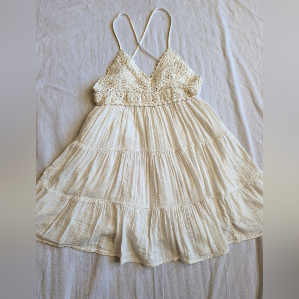 Aerie Size M Halter Cross Back Crochet Top Babydoll Mini  Dress Boho